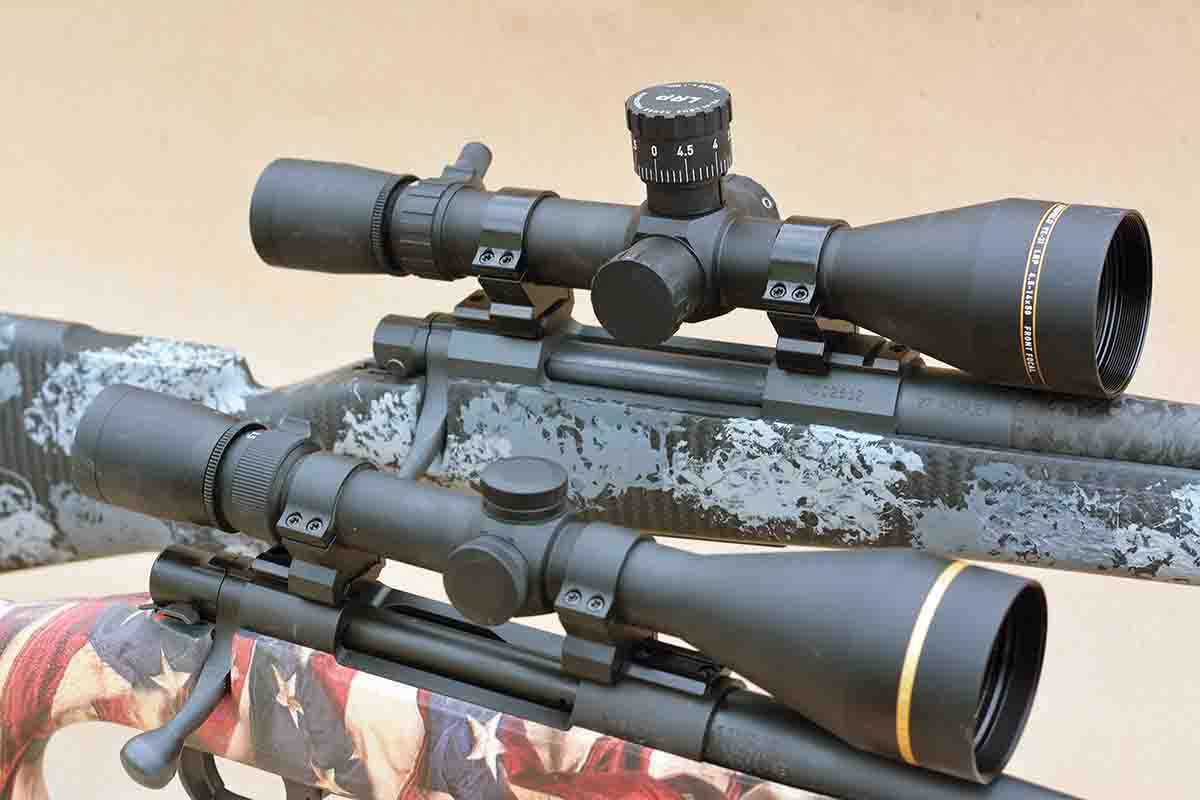 These two Leupold riflescopes are excellent for long-range shooting; however, the VX-3i LRP 4.5-14x 50mm (top) features .1 MIL dials, while the VX-3i 3.5-10x 50mm is void of dials and is primarily designed for the holdover method.